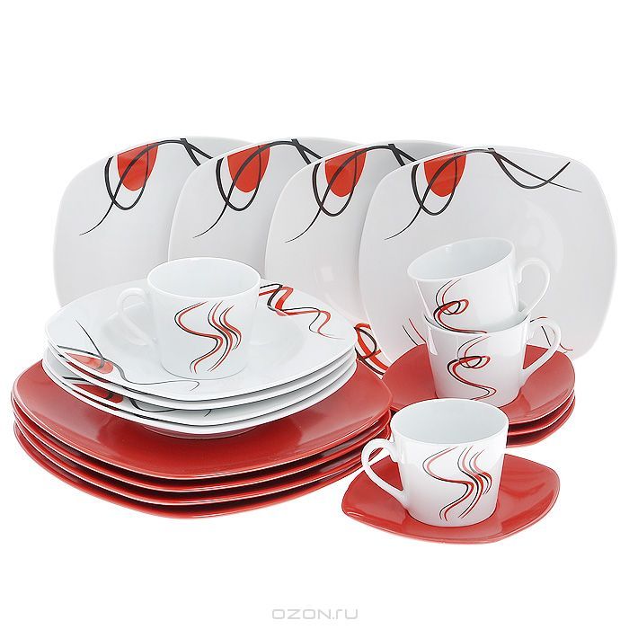 Магазин столовой посуды. Набор столовой посуды Vabene. Набор посуды "Quartet", цвет: белый, черный, красный, 20 предметов. Xl12d01-Ivon (TP). Чайный сервиз Люминарк белый квадрат. Красный сервиз Люминарк.